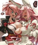  2girls :d amputee asymmetrical_docking baiken baiken_(cosplay) black_jacket black_kimono blue_eyes blush breast_press breasts cleavage cleavage_cutout color_connection commentary_request cosplay costume_switch dress elphelt_valentine elphelt_valentine_(cosplay) eyepatch facial_tattoo guilty_gear guilty_gear_xrd hair_color_connection hand_on_own_chest heart highres jacket jacket_on_shoulders jako_(toyprn) japanese_clothes kataginu kimono large_breasts long_sleeves multicolored multicolored_clothes multicolored_kimono multiple_girls obi one-eyed open_clothes open_kimono open_mouth pink_eyes pink_hair ponytail puffy_long_sleeves puffy_sleeves rope samurai sash scar scar_across_eye smile spoken_heart sweatdrop tattoo white_dress white_kimono 