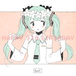  absurdres aqua_hair artist_name bangs birthday blunt_bangs blush collared_shirt detached_sleeves english eyebrows_visible_through_hair flower happy_birthday hatsune_miku head_wreath highres holding holding_hair limited_palette long_hair nail_polish necktie noeru_(noellemonade) pale_skin pink_background shirt sleeveless solo tie_clip twintails upper_body vocaloid white_flower 