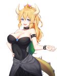  absurdres artist_name bangs bare_shoulders black_dress blonde_hair blue_eyes blush bowsette bracelet breasts brooch cleavage collar commentary_request covered_navel crown dress earrings fang fingernails forked_eyebrows hair_between_eyes hand_on_hip highres horns jewelry kuki_panda_(wkdwnsgk13) large_breasts lips long_hair long_ponytail looking_at_viewer mario_(series) new_super_mario_bros._u_deluxe open_mouth pointy_ears sidelocks simple_background sleeveless sleeveless_dress slit_pupils smile solo spiked_armlet spiked_bracelet spiked_collar spiked_shell spiked_tail spikes strapless strapless_dress super_crown tail turtle_shell white_background 
