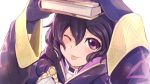  ;p black_gloves black_hair book book_on_head commentary_request fire_emblem fire_emblem:_kakusei gloves highres long_sleeves mark_(female)_(fire_emblem) mark_(fire_emblem) nakabayashi_zun object_on_head one_eye_closed purple_eyes short_hair simple_background solo tongue tongue_out white_background 