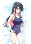  adjusting_clothes adjusting_swimsuit alternate_costume ass ass_visible_through_thighs bangs black_hair blush breasts closed_mouth collarbone commentary_request eyebrows_visible_through_hair floral_background floral_print hair_between_eyes kantai_collection large_breasts long_hair mikage_takashi multicolored_hair naganami_(kantai_collection) old_school_swimsuit one-piece_swimsuit pink_hair school_swimsuit school_swimsuit_flap simple_background solo standing swimsuit thighs two-tone_hair wavy_hair yellow_eyes 
