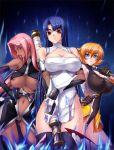  3girls areola_slip areolae axe blue_eyes blue_hair bodysuit breasts cleavage dark_skin elbow_gloves erect_nipples fire gloves highleg highleg_leotard highleg_panties igawa_sakura ingrid_(taimanin_asagi) ingrid_(taimanin_murasaki) kagami_hirotaka katana large_breasts leotard long_hair looking_at_viewer midriff miniskirt multiple_girls navel ninja orange_hair panties parted_lips pelvic_curtain pink_hair red_eyes skirt sword tagme taimanin_(series) taimanin_murasaki taimanin_suit thighhighs tongue tongue_out underboob underwear weapon yatsu_murasaki 