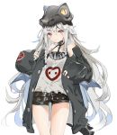  alternate_costume bangs bare_shoulders belt belt_buckle black_belt black_shorts blush braid breasts brown_eyes buckle bxr character_name choker closed_mouth collarbone cowboy_shot dated dinosaur eyebrows_visible_through_hair fingernails g11_(girls_frontline) girls_frontline green_jacket hair_between_eyes hands_up hat highres holding jacket long_hair long_sleeves looking_at_viewer messy_hair multiple_belts nail_polish off_shoulder open_clothes open_jacket red_eyes red_nails rocker-chic shiny shiny_skin shirt short_shorts shorts side_braid sidelocks silver_hair simple_background single_braid sleeveless sleeveless_shirt sleeves_past_wrists small_breasts solo sparkle thighs very_long_hair white_shirt 