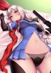  9a-91 9a-91_(girls_frontline) ass_visible_through_thighs assault_rifle bad_proportions bangs bed bed_sheet beret black_gloves black_legwear black_panties blue_eyes blush breasts cowboy_shot detached_sleeves dress elbow_gloves eyebrows_visible_through_hair foreshortening girls_frontline gloves gun hair_between_eyes hair_ornament hand_on_own_chest hand_up hat hat_removed head_tilt headwear_removed long_hair looking_at_viewer low_ponytail lying medium_breasts navel on_back panties parted_lips red_scarf rifle ryuinu scarf see-through short_dress sidelocks silver_hair solo star star_hair_ornament stomach thighhighs thighs underwear very_long_hair weapon 