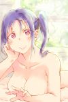  10s 1girl ass blush breasts eyebrows_visible_through_hair eyes_visible_through_hair indoors kazuno_sarah large_breasts long_hair looking_at_viewer love_live! love_live!_sunshine!! lying nekokun nude on_stomach pink_eyes purple_hair side_ponytail smile solo window 
