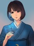  black_eyes blue_kimono brown_hair closed_mouth commentary_request earrings eyebrows_behind_hair fingernails hand_up head_tilt japanese_clothes jewelry kimono looking_to_the_side munakata_(hisahige) obi original sash short_hair smile solo upper_body 