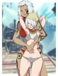  2girls bikini breasts brown_skin cecie_(gravity_daze) daga gravity_daze gravity_daze_2 lisa_(gravity_daze) looking_at_the_viewer mother_and_daughter multiple_girls navel open_mouth sad_face small_breasts smile swimsuit tagme tattoo white_hair yellow_eye 