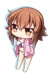  :&lt; bangs barefoot bikini blush breasts brown_eyes brown_hair chibi cleavage closed_mouth collarbone commentary_request eyebrows_visible_through_hair front-tie_bikini front-tie_top full_body grand_blue hair_between_eyes hands_in_pockets hood hood_down hooded_jacket jacket kotegawa_chisa long_hair long_sleeves looking_at_viewer medium_breasts navel open_clothes open_jacket pink_jacket shachoo. shadow side-tie_bikini solo standing swimsuit white_background white_bikini 