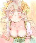  10s 1girl blush breasts brown_eyes cleavage downblouse flower frills grey_hair hair_flower hair_ornament large_breasts leaning_forward long_hair looking_at_viewer love_live! love_live!_school_idol_project minami_kotori nekokun solo sweat sweatdrop text_focus translation_request upper_body 