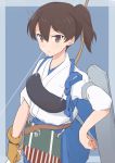  apron blue_hakama brown_eyes brown_hair cbgb cowboy_shot gloves hakama hakama_skirt hand_on_hip highres japanese_clothes kaga_(kantai_collection) kantai_collection muneate partly_fingerless_gloves short_hair side_ponytail solo tasuki yugake yumi_(bow) 