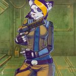  anthro ashpond belt black_stripes blue_eyes breasts clothing detonator feline female fingerless_gloves fur gloves gun hair handgun holster jacket makeup mammal multicolored_hair pants ranged_weapon saladin_fahlia shirt solo story story_in_description stripes tank_top teeth tharasi tiger trigger_discipline weapon white_fur 