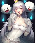  bangs blush boo breasts brooch cleavage collar collarbone covered_navel covered_nipples crown dress eyebrows_visible_through_hair fangs frilled_collar frilled_dress frilled_gloves frills ghost ghost_pose gloves hair_between_eyes hands_up highres hitodama jewelry large_breasts long_hair looking_at_viewer luigi's_mansion mario_(series) mini_crown new_super_mario_bros._u_deluxe open_mouth panties princess_king_boo puffy_short_sleeves puffy_sleeves purple_eyes see-through short_sleeves silver_hair smile super_crown super_mario_bros. tilted_headwear tongue tongue_out underwear very_long_hair white_dress white_gloves white_panties yayoimaka03 