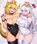  2girls :d artist_name asymmetrical_docking bangs bare_shoulders black_collar black_legwear black_leotard black_nails blonde_hair blue_eyes blush boo bowsette bracelet breast_press breasts brooch claw_pose cleavage collar collarbone commentary covered_navel cowboy_shot crown dress earrings elbow_gloves english_commentary eyebrows_visible_through_hair eyelashes fingernails frilled_collar frilled_gloves frilled_leotard frills gloves grey_background grey_hair hair_between_eyes hand_up head_tilt highres horns jewelry large_breasts legs_together leotard long_hair looking_at_viewer luigi's_mansion mario_(series) multiple_girls nail_polish new_super_mario_bros._u_deluxe open_mouth pale_skin pink_eyes pointy_ears ponytail princess_king_boo sciamano240 sharp_fingernails sharp_teeth shiny shiny_skin sidelocks signature smile spiked_armlet spiked_bracelet spiked_collar spiked_tail spikes standing strapless strapless_leotard super_crown tail teeth thick_eyebrows thighhighs tongue tongue_out v-shaped_eyebrows very_long_hair white_dress white_gloves white_legwear white_leotard 