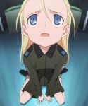  antenna_hair blonde_hair blue_eyes elise_von_dietrich flat_chest forehead long_hair looking_up military military_uniform screencap shoes shorts sky_girls socks solo stitched third-party_edit uniform 