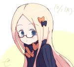  abigail_williams_(fate/grand_order) bangs bespectacled black_bow black_dress blonde_hair blue_eyes blush bow closed_mouth commentary_request dated dress eyebrows_visible_through_hair fate/grand_order fate_(series) forehead glasses glasses_day gradient gradient_background green_background hair_bow kujou_karasuma long_hair looking_at_viewer no_hat no_headwear orange_bow parted_bangs signature solo upper_body very_long_hair white_background 