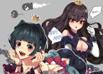  &gt;_&lt; bare_shoulders black_dress black_hair breasts bullet_bill chain chain_chomp cleavage collarbone commentary_request crown dress earrings gimnang gloves grey_nails hair_between_eyes hair_ornament hairclip jewelry long_hair looking_at_viewer mario_(series) multiple_girls nail_polish open_mouth princess_chain_chomp red_hair sharp_teeth simple_background skull_hair_ornament speech_bubble super_crown teeth white_gloves 