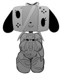  animate_inanimate anthro big_head breasts canine eyelashes female floppy_ears front_view greyscale hi_res kneeling looking_at_viewer mammal monochrome navel nintendo nintendo_switch nude pussy ribbons simple_background slightly_chubby solo somescrub switch_dog vertical_bar_eyes video_games white_background 