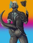  2018 anthro anus big_butt black_scales blue_scales butt claws clothed clothing costume digital_drawing_(artwork) digital_media_(artwork) dragon hand_on_butt hi_res housemaid invalid_tag maid_uniform male scales scalie simple_background solo spread_butt spreading standing tall_lizzard_(artist) thick_thighs uniform wide_hips 