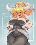 black_dress blonde_hair blush bowsette bracelet breasts character_name cleavage covered_navel cowboy_shot crown curvy dress fangs hands_on_hips hips horns jewelry large_breasts mario_(series) new_super_mario_bros._u_deluxe open_mouth ponytail red_eyes sachito sleeveless sleeveless_dress spiked_armlet spiked_bracelet spikes strapless strapless_dress super_crown sweatdrop wide_hips 