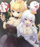  :d armlet bangs black_collar black_dress black_nails blonde_hair blue_eyes blush boo bowsette bracelet breasts claw_pose cleavage collar commentary_request crown dress elbow_gloves eyebrows_visible_through_hair fang fingernails frilled_dress frills ghost_pose gloves grey_background hair_between_eyes jewelry large_breasts long_hair luigi's_mansion maccha mario_(series) mini_crown multiple_girls nail_polish new_super_mario_bros._u_deluxe open_mouth parted_lips piranha_plant princess_king_boo puffy_short_sleeves puffy_sleeves purple_eyes sharp_teeth short_sleeves smile spiked_armlet spiked_bracelet spiked_collar spiked_tail spikes strapless strapless_dress super_crown tail tail_raised teeth tilted_headwear tongue tongue_out very_long_hair white_dress white_gloves white_hair 