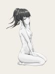 1girl black_hair breasts kneeling looking_at_viewer medium_breasts monochrome narberal_gamma nipples nude overlord_(maruyama) ponytail pubic_hair sidelocks simple_background soles solo tied_hair white_background 