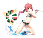  absurdres belt bikini black_bow bow closers eyebrows_visible_through_hair floating_hair food fruit grey_bikini groin hair_bow highres holding holding_knife knife long_hair navel official_art orange_eyes ponytail red_hair shiny shiny_hair simple_background solo swimsuit watch watermelon white_background wristwatch 