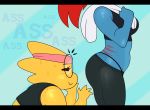  alphys black_clothing blue_skin butt duo english_text eyelashes eyes_closed eyewear female freckles glasses hair headband hi_res marine multicolored_skin red_hair scales scalie side_view somescrub sweat text two_tone_skin undertale undyne video_games yellow_scales yellow_skin 