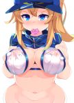  1girl artoria_pendragon_(all) bikini blonde_hair blue_eyes blush breasts erect_nipples fate/grand_order fate_(series) female gradient gradient_background hair_between_eyes hat large_breasts looking_at_viewer mouth_hold mysterious_heroine_xx_(foreigner) navel nose_blush solo swimsuit white_bikini zamudelin 