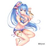  :o anklet bangle bare_shoulders barefoot bead_bracelet beads blue_eyes blue_hair blush bracelet breasts cao_(sangoku_infinity) company_name flower hair_flower hair_ornament highres jewelry large_breasts long_hair navel official_art oil open_mouth otosume_ruiko sangoku_infinity simple_background sitting swimsuit very_long_hair wet white_background 
