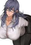  bent_over blue_eyes blue_hair breasts collarbone collared_shirt glasses lips long_hair original pepe_(jonasan) semi-rimless_eyewear shirt solo undressing white_background white_shirt 