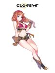  arm_support boots braid breasts brown_gloves brown_shorts cleavage closers cola copyright_name fingerless_gloves full_body gloves hair_ribbon hairband holding holding_hair invisible_chair long_hair medium_breasts midriff navel official_art orange_hair purple_eyes red_bikini_top red_hairband ribbon shiny shiny_skin short_shorts shorts sitting smile solo stomach underboob white_background yellow_ribbon 