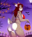  anthro big_breasts bikini breasts butt clothed clothing detailed_background feline female halloween holidays huge_breasts kitsunewaffles-chan looking_back lynx mammal outside presenting presenting_hindquarters smile solo standing swimsuit thick_thighs tongue tongue_out 