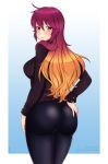  1girl ass blush breasts from_behind gradient_hair hand_on_ass hijiri_byakuren large_breasts lindaroze long_hair looking_at_viewer multicolored_hair orange_eyes orange_hair pants purple_hair shiny shiny_clothes shiny_hair sideboob skin_tight smile solo sweater tight tight_pants touhou 