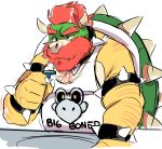  2018 anthro arm_hair beard belly body_hair bowser chest_hair clothing collar english_text facial_hair hair horn komoroshi_(artist) koopa male mario_bros nintendo razor red_hair scalie shaving shell shirt simple_background smile solo spiked_armlet spiked_collar spiked_shell spikes tank_top text video_games white_background 