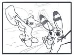  2018 anthro bed blush border buckteeth canine cheek_tuft clothed clothing disney duo ear_markings facial_markings female fox fuel_(artist) fur_markings greyscale head_tuft inside jack_savage kneeling lagomorph lamp looking_at_viewer male mammal markings monochrome open_mouth open_smile pillow rabbit selfie skye_(zootopia) smile teeth topless tuft v_sign white_border zootopia 