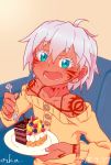  1girl blue_eyes cake dark_skin dated earrings facial_tattoo female food irezumi-san_(ozka) jewelry open_mouth original ozka plate short_hair signature solo tattoo teeth white_hair 