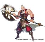  armor axe battle_axe beard boots breastplate closed_mouth facial_hair fantasy_earth_genesis grey_hair holding holding_weapon looking_at_viewer matsui_hiroaki muscle mustache official_art pants red_pants shirt sleeveless sleeveless_shirt smile solo two-handed veins waist_cape weapon wristband 