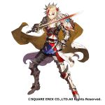  armor blonde_hair breastplate brown_cape cape closed_mouth fantasy_earth_genesis fighting_stance full_body gauntlets holding holding_sword holding_weapon legs_apart looking_at_viewer male_focus matsui_hiroaki metal_boots multicolored_hair official_art pauldrons red_eyes simple_background smile solo standing streaked_hair sword watermark weapon white_background 