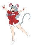  :d animal_humanoid big_breasts breasts buchineko clothed clothing eyes_closed female footwear grey_hair hair happy humanoid inner_ear_fluff long_hair mammal mouse_humanoid nazrin open_mouth rodent shirt shoes shorts solo touhou 