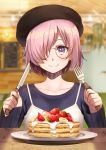  bad_id bad_pixiv_id bangs beret blurry blurry_background breakfast brown_hat closed_mouth collarbone commentary_request depth_of_field dress fate/grand_order fate_(series) food fork fruit glasses glasses_day hair_over_one_eye hands_up hat highres holding holding_fork holding_knife knife kurono_kito long_sleeves mash_kyrielight pancake pink_hair purple_eyes purple_shirt shirt short_hair sleeveless sleeveless_dress smile solo stack_of_pancakes strawberry table white_dress 