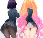  accidental_exposure ass black_hair black_jacket black_legwear blazer blonde_hair commentary_request facing_away fate/grand_order fate_(series) from_behind from_below gradient_hair grey_skirt horns ibaraki_douji_(fate/grand_order) ibaraki_douji_(swimsuit_lancer)_(fate) jacket kanro_ame_(ameko) long_hair multicolored_hair multiple_girls panties panties_under_pantyhose pantyhose pink_hair school_uniform short_hair shuten_douji_(fate/grand_order) skirt thigh_gap thighband_pantyhose twintails two-tone_hair underwear very_long_hair white_panties 