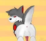  alma_(almax3) anus backsack balls black_fur butt canine dog fur hotaru husky looking_at_viewer looking_back male mammal presenting presenting_hindquarters red_fur simple_background white_balls white_fur yellow_background 
