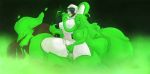  2girls breasts female glowing glowing_eyes goo_girl green_eyes green_hair green_skin hair_over_one_eye hazmat_suit large_breasts long_hair melting monster_girl multiple_girls original radioactive sharp_teeth teeth thighs wide-eyed wide_hips 