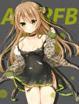  bangs black_dress blonde_hair blush breasts camouflage_jacket choker cleavage collarbone commentary_request covered_navel cowboy_shot dress eyebrows_visible_through_hair girls_frontline green_eyes highres jacket legs_together long_hair long_sleeves looking_at_viewer no_bra off_shoulder paint_stains rfb_(girls_frontline) shadow short_dress side_bun sleeves_past_wrists smile solo standing thigh_gap torn_clothes torn_dress uchuuneko 