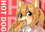  1girl 848siba brown_hair dog eating furry green_eyes hot_dog ponytail school_uniform solo 