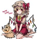  arms_between_legs bangs blonde_hair bow brown_shirt chestnut_mouth collar collared_shirt commentary_request crossover flandre_scarlet hat looking_at_viewer mimikyu pokemon pokemon_(creature) red_bow red_eyes red_vest sato_imo shirt short_hair short_sleeves sitting touhou vest wariza white_background yellow_neckwear 