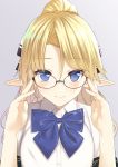  adjusting_eyewear bangs bespectacled black-framed_eyewear blonde_hair blue_bow blue_eyes blue_neckwear blue_ribbon blush bow bowtie closed_mouth collared_shirt commentary_request elf eyebrows_visible_through_hair glasses glasses_day hair_ribbon highres iris_(takunomi) long_hair looking_at_viewer original pointy_ears ponytail ribbon shirt short_sleeves simple_background smile solo takunomi upper_body white_shirt 