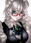  adjusting_eyewear bad_id bad_twitter_id bespectacled black_bow black_neckwear black_ribbon blue_eyes blue_nails bow braid breasts brooch commentary glasses glasses_day hair_between_eyes hair_bow hand_up highres izayoi_sakuya jan_(lightdragoon) jewelry looking_at_viewer maid maid_headdress medium_breasts nail_polish neck_ribbon parted_lips red-framed_eyewear ribbon short_hair silver_hair simple_background smile solo touhou twin_braids upper_body white_background wing_collar wrist_cuffs 