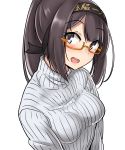  :d absurdres akizuki_(kantai_collection) bangs bespectacled black_hair blue_eyes blush breasts commentary eyebrows_visible_through_hair glasses glasses_day hachimaki hair_ornament hairband headband highres kantai_collection kiritto long_hair looking_at_viewer medium_breasts open_mouth orange-framed_eyewear ponytail ribbed_sweater semi-rimless_eyewear sidelocks simple_background smile solo sweater turtleneck turtleneck_sweater upper_body white_background 