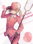  absurdres belt blonde_hair character_name commentary eosinophil_(hataraku_saibou) fur-trimmed_hat fur_hat fur_trim gloves hand_on_headwear hat hataraku_saibou highres holding holding_weapon jacket looking_at_viewer medium_hair nakiyu pants parted_lips pink_hat pink_jacket pink_pants sasumata solo twintails ushanka weapon yellow_eyes 